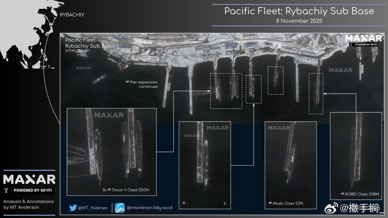 俄太平洋舰队雷巴奇潜艇基地卫图，琳琅满目