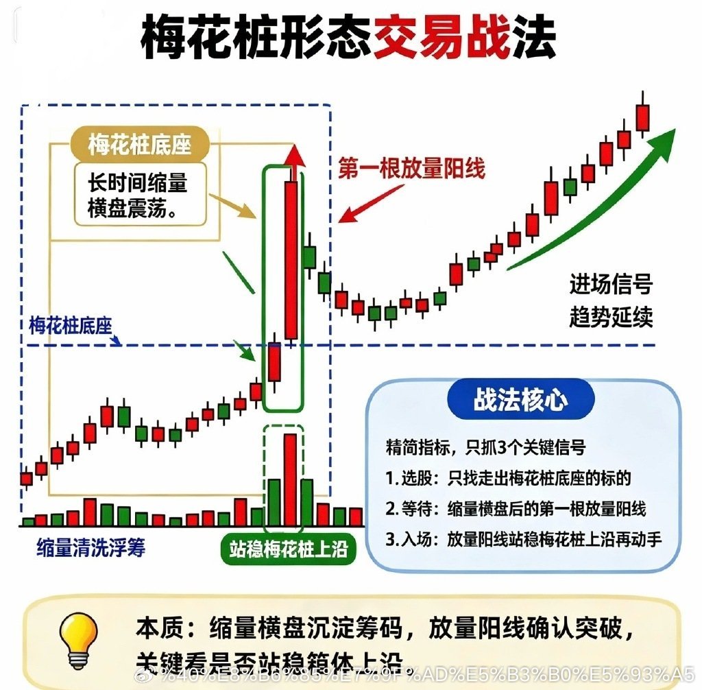 梅花桩形态交易战法主K线走势绘制：长期缩量横盘（梅花桩底座）→第一根放量阳线