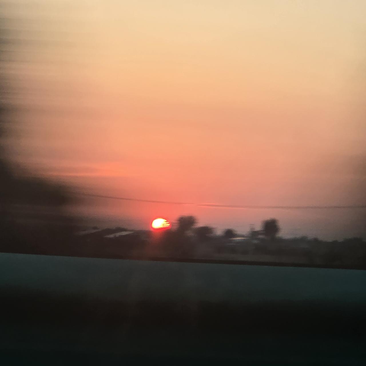 坐在车上拍的夕阳。树遮挡的部分，恰巧构成了别样的风景。可惜，未能拍下完整的夕阳！