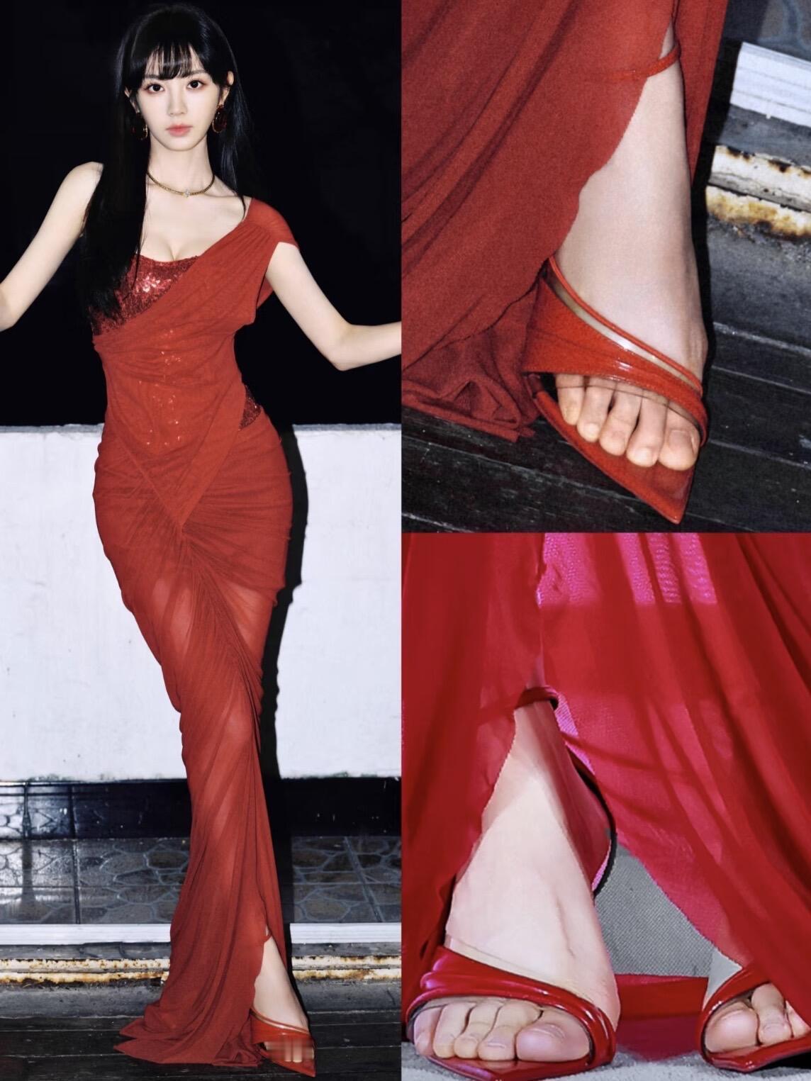 以前总觉得她是甜妹天花板直到看她一次次用红裙炸场才发现这姑娘早把红色玩成了个