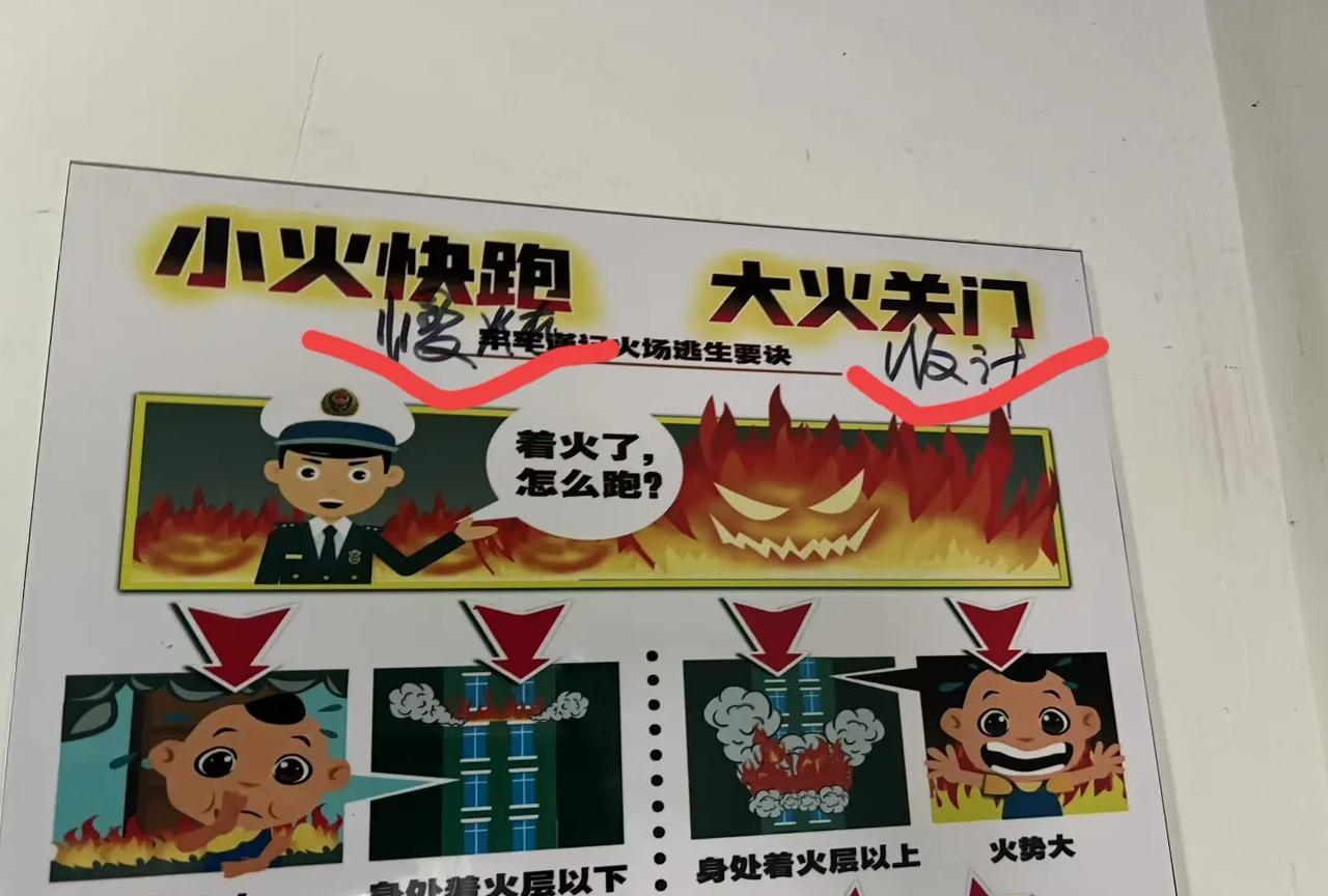 今天出门的时候看到楼道墙上贴的消防宣传漫画上被人写字了，原本宣传画上写的是“小火