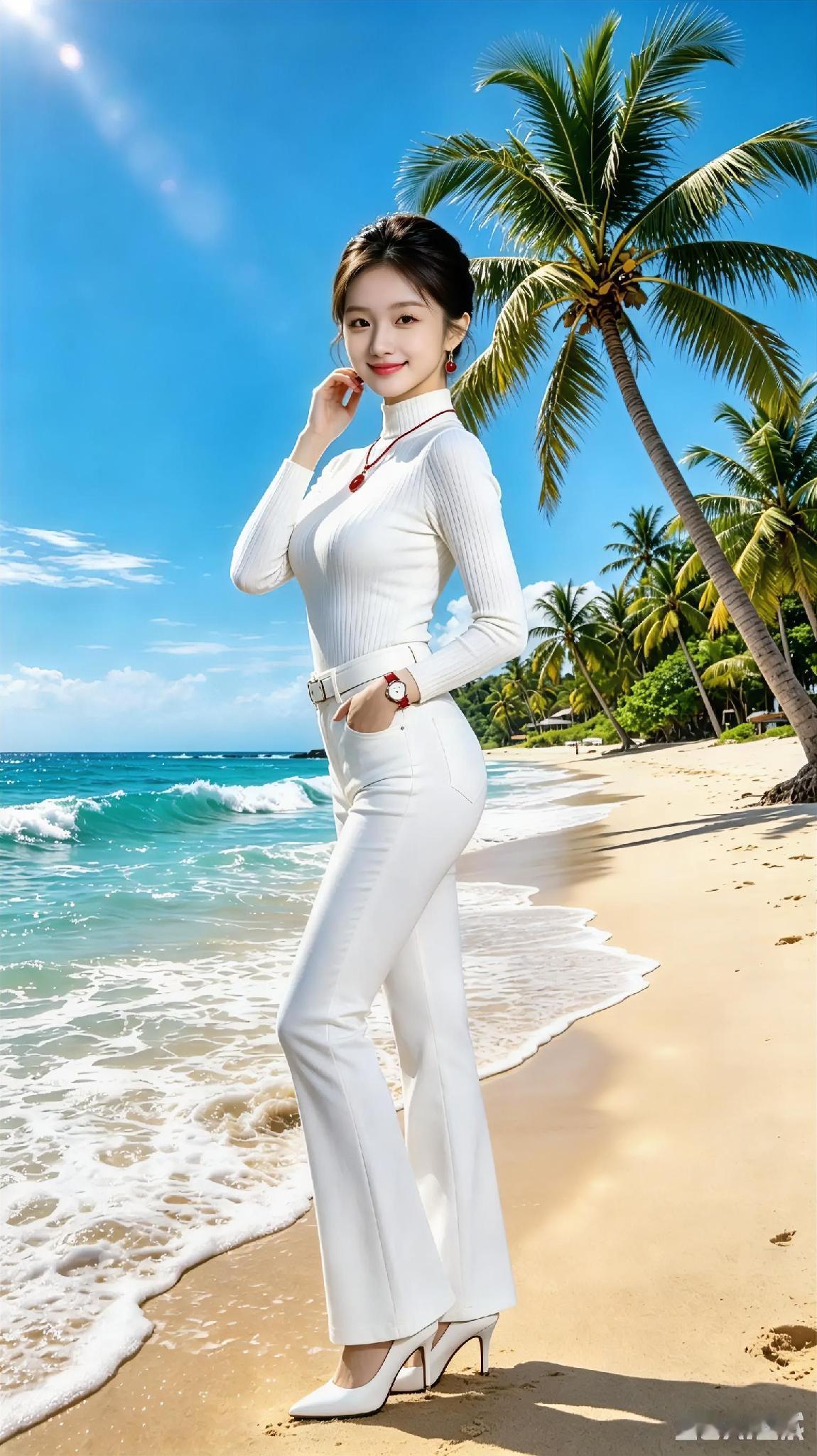 沙滩上的优雅白衣少女，海风轻拂，阳光明媚AI美图壁纸分享温柔白衣少女