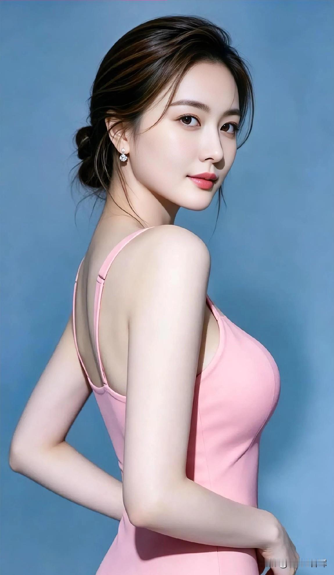 浅蓝为幕，粉裙作序。松发绾住温柔，回眸漾开清辉。肩线承着优雅，眉眼藏尽明媚。