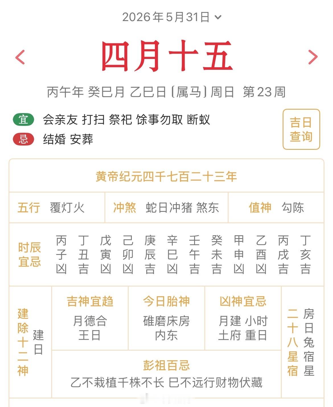 十二生肖每日简运仅供参考2026.5.31丙午年癸巳月乙巳日乙巳天克地冲己亥：