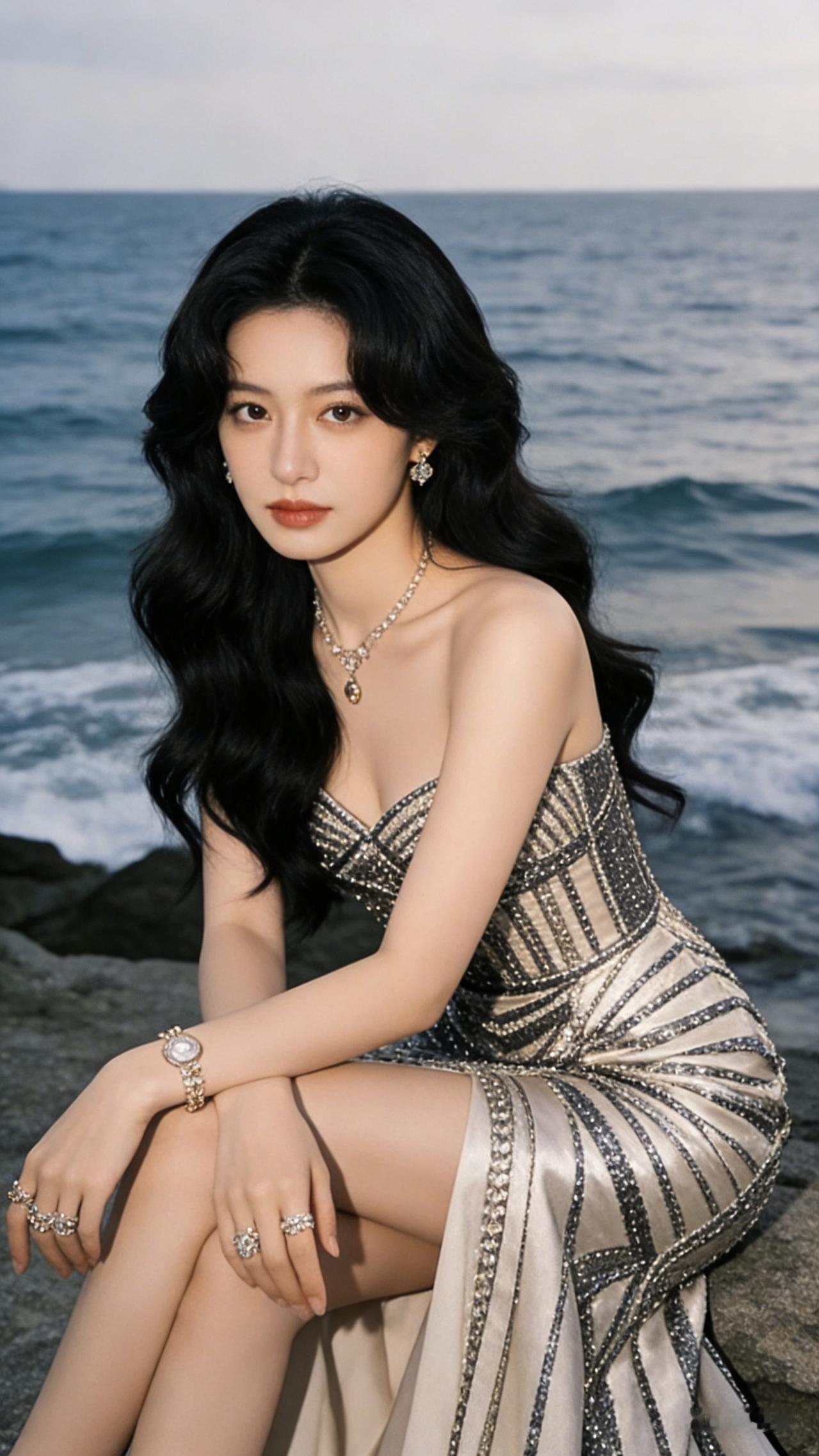 海边优雅女神，黑发红唇，闪耀珠宝，美不胜收！黑发红唇女神海边游玩美女海