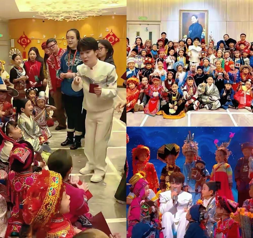 周深在春晚后台应急灯下，半蹲着给56个孩子发红纸包现金。通道尽头，他蹲下来。