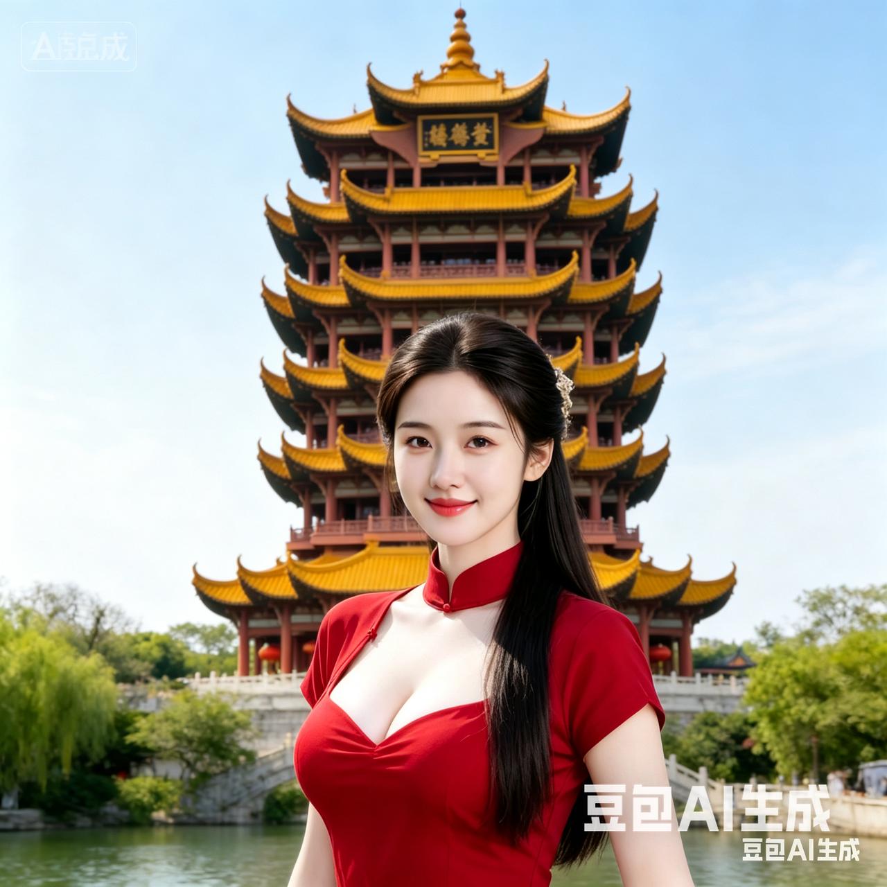 这美女穿着旗袍，背景是古塔。我若是你心上人，留言电话我找你。