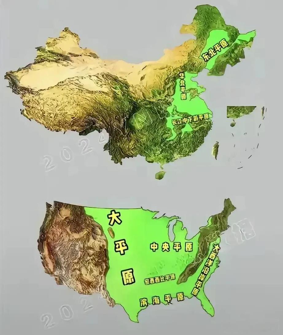 看完中美地形图，确实觉得美国平原多，发展工农业有天然优势，人口又少，感觉占尽便宜