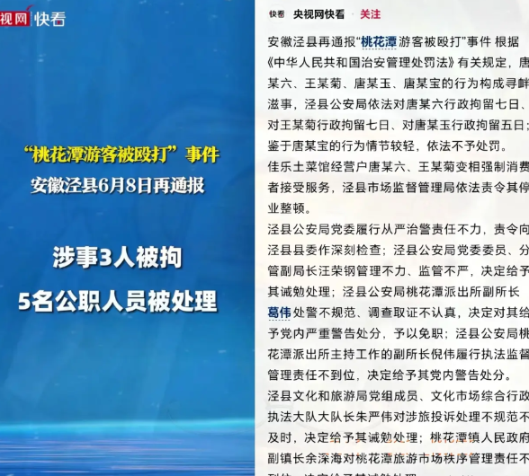 安徽泾县桃花潭派出所副所长葛伟被免职了，前几天，桃花潭发生一起游客被打事件，后来