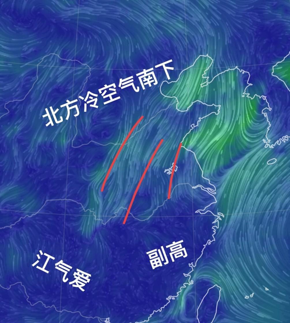 【冷空气南下】流场来看北方冷空气渗透到长江沿线。过去24小时，长江以北地区气温