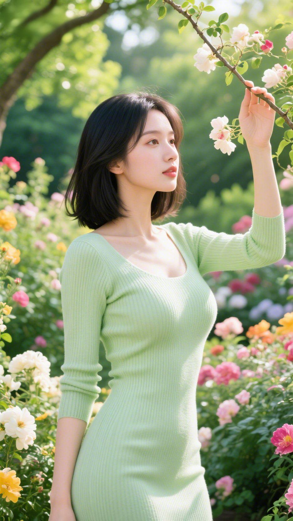 《春园里的青衫》风裹着花香气漫过肩头，她指尖轻触枝桠，白蔷薇的瓣便沾了些日