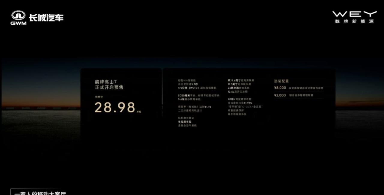 魏牌高山7今天开始预售了，再简单说下这车吧，同级最小转弯半径5.6米，车长505