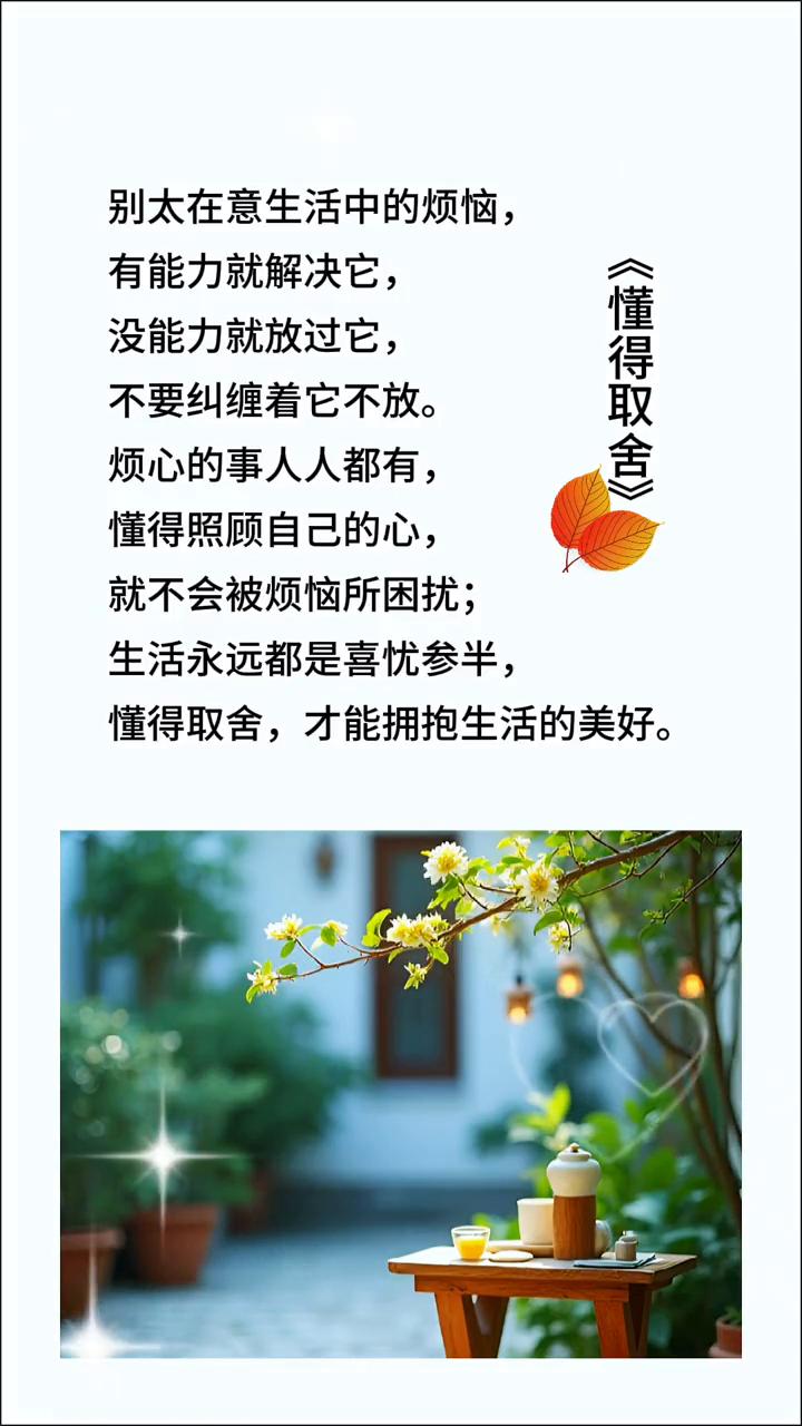 别太在意生活中的烦恼，有能力就解决它，没能力就放过它，不要纠缠着它不放。烦心的事