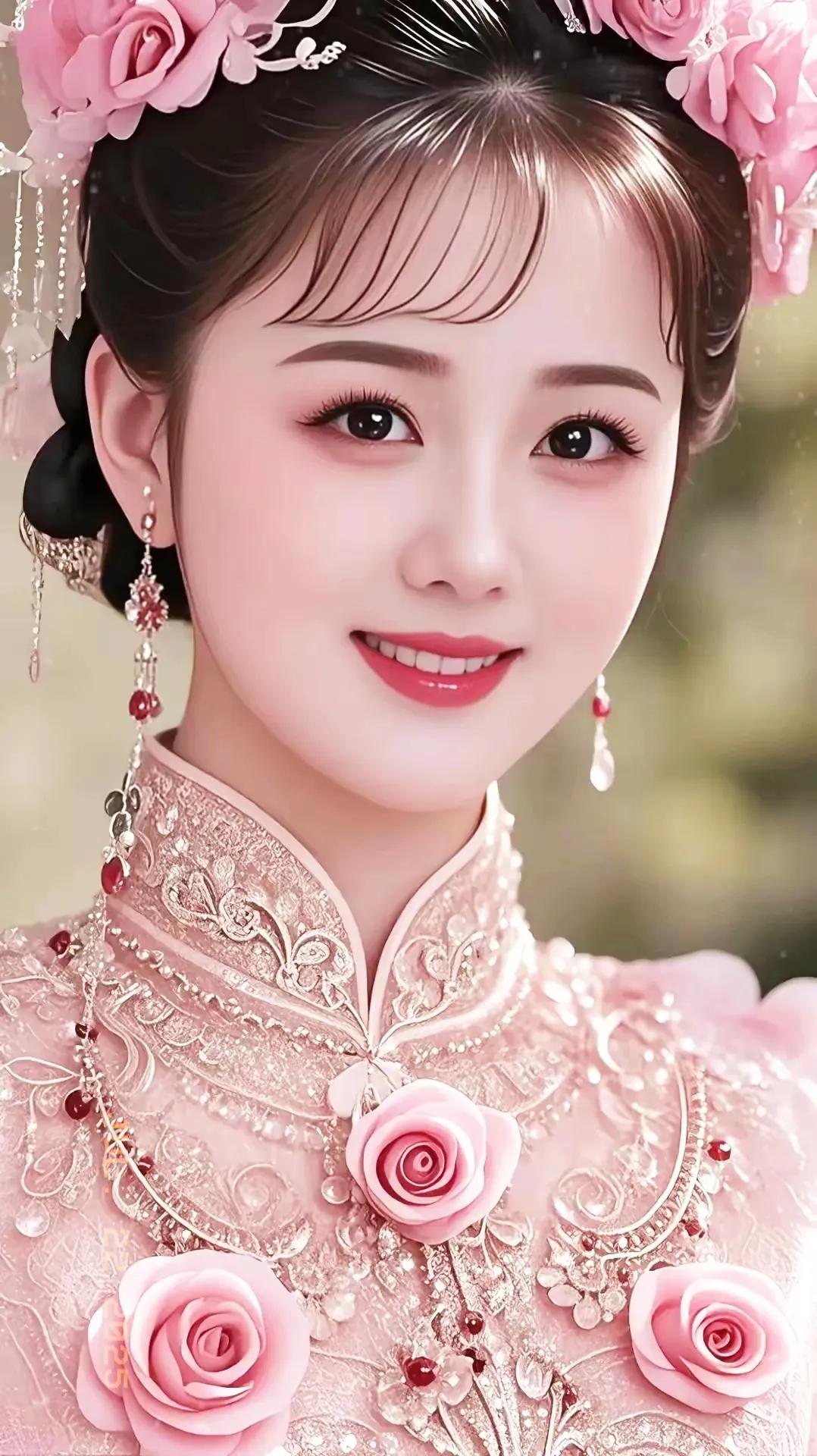 梦幻古风少女，粉嫩玫瑰发饰，甜美笑容，古典优雅。