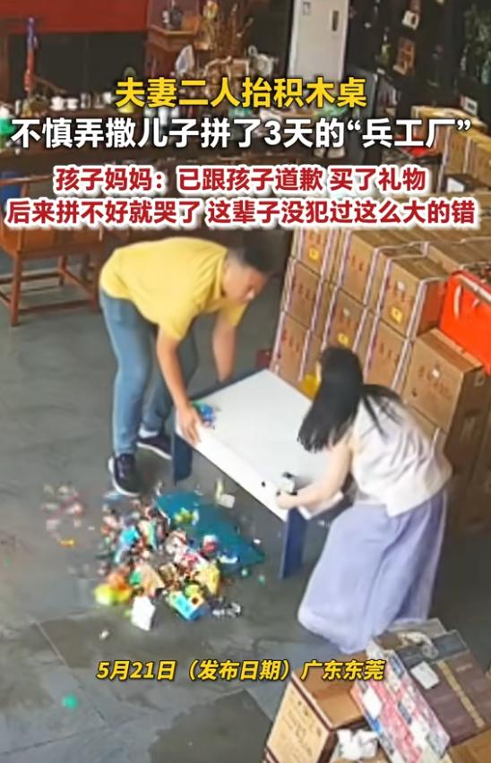 广东东莞，一对夫妻摊上大事了！他们不小心把儿子拼了三天的军事积木弄塌了。当时两人