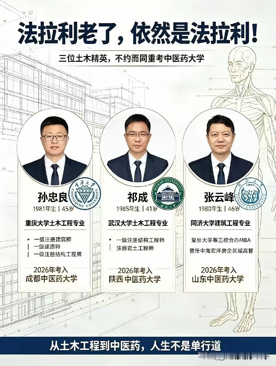 英雄所见略同，三位曾经的土木精英，不约而同的考取了中医药大学，要知道土木专业的王