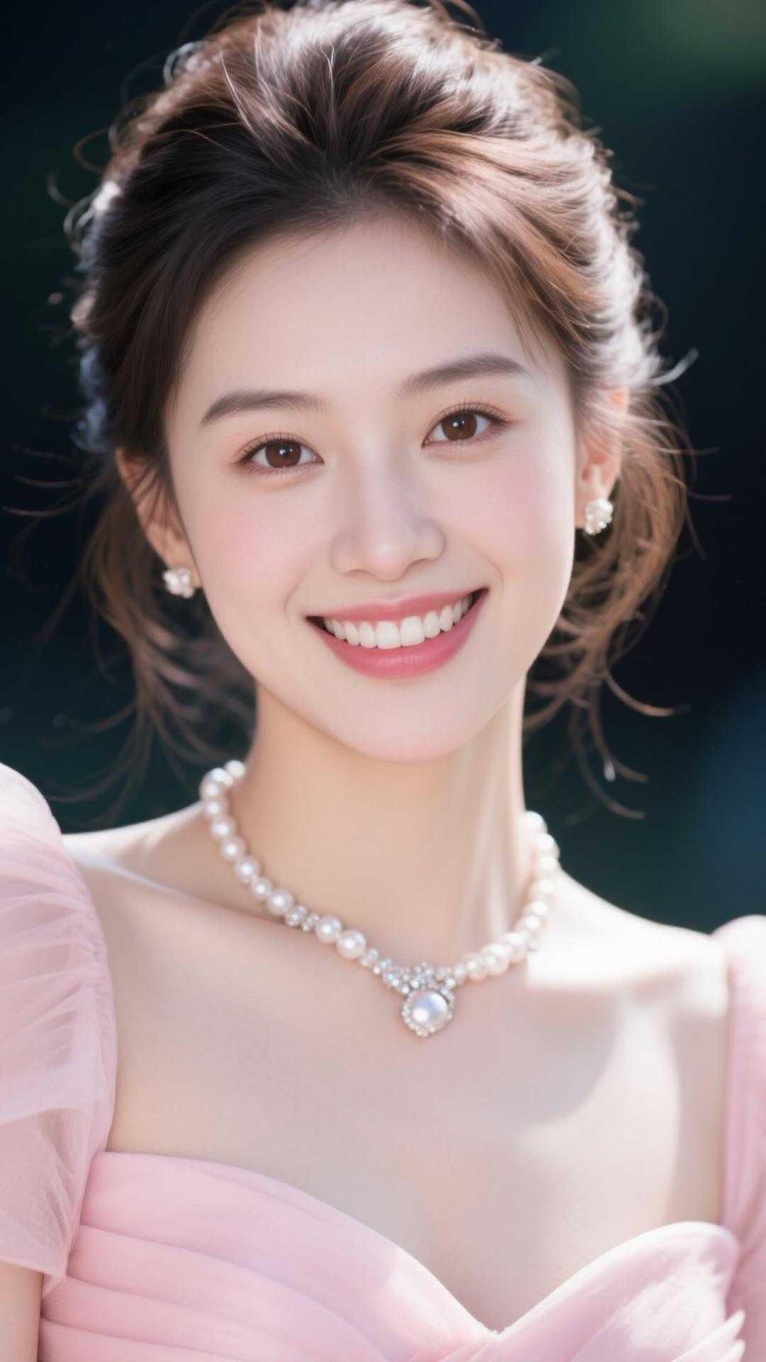 优雅珍珠项链，甜美笑容，粉色礼服，女神范儿十足！💖✨