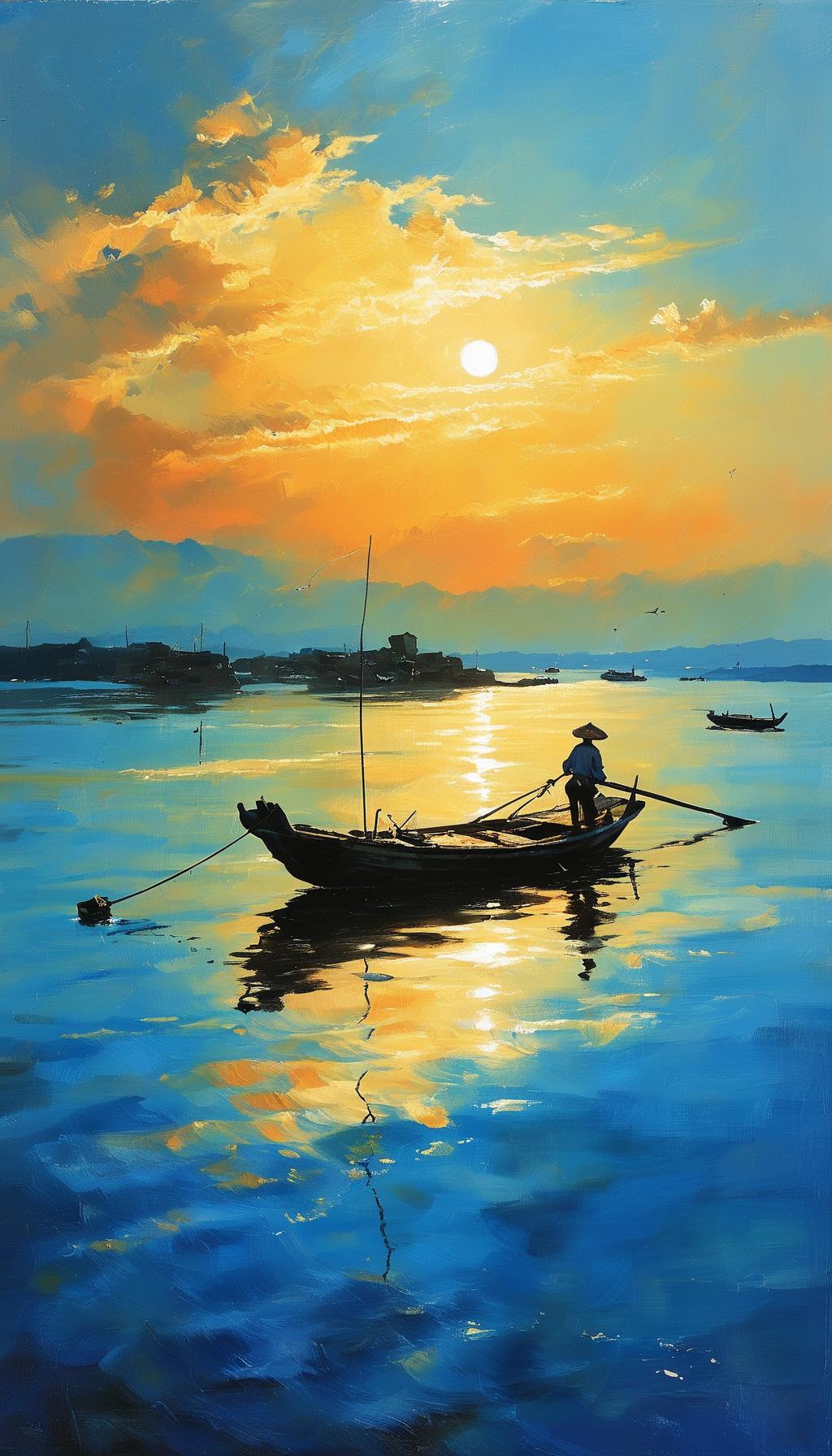 七绝·江上摇橹一橹轻摇破碧烟，半江云影落渔船。晚风不问人间事，只送清