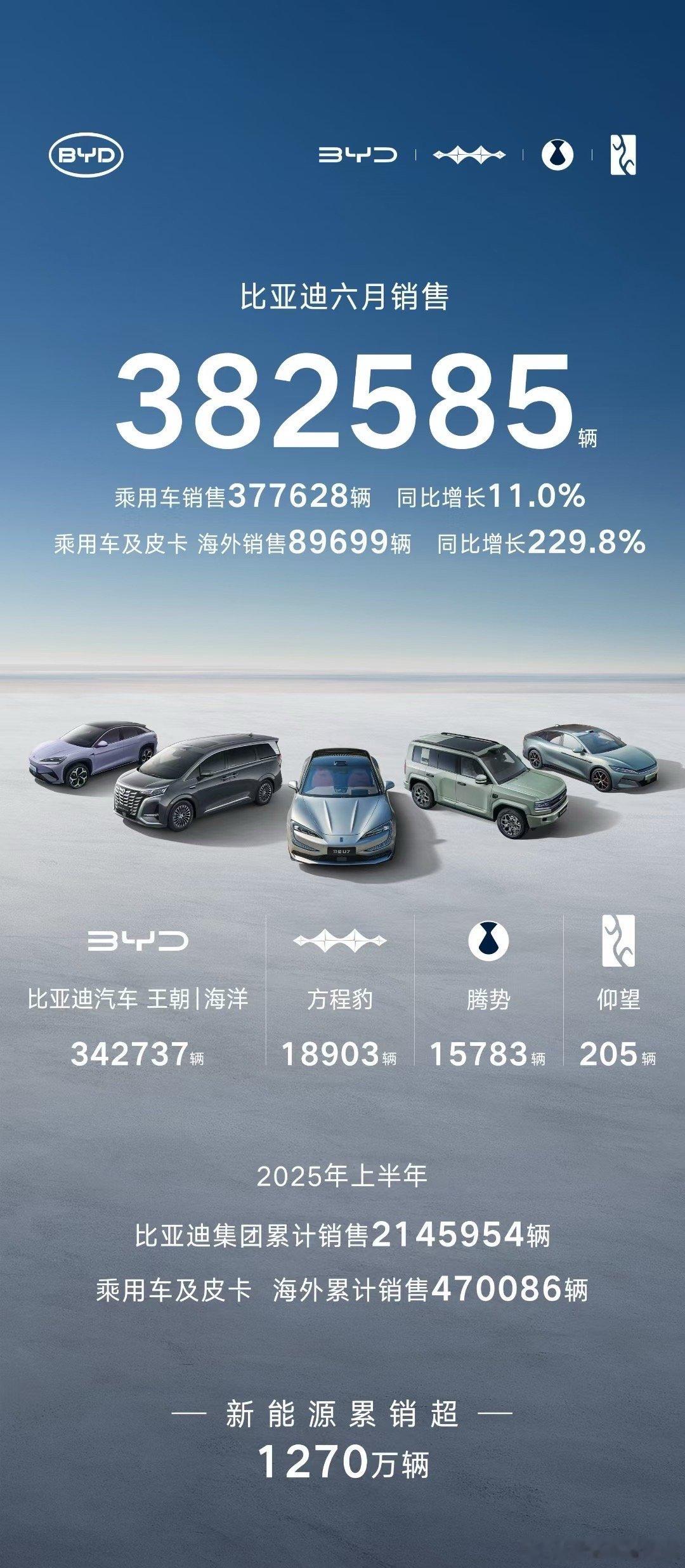 比亚迪6月销售382585辆同比增长12%上半年累计销售2145954辆同比增长