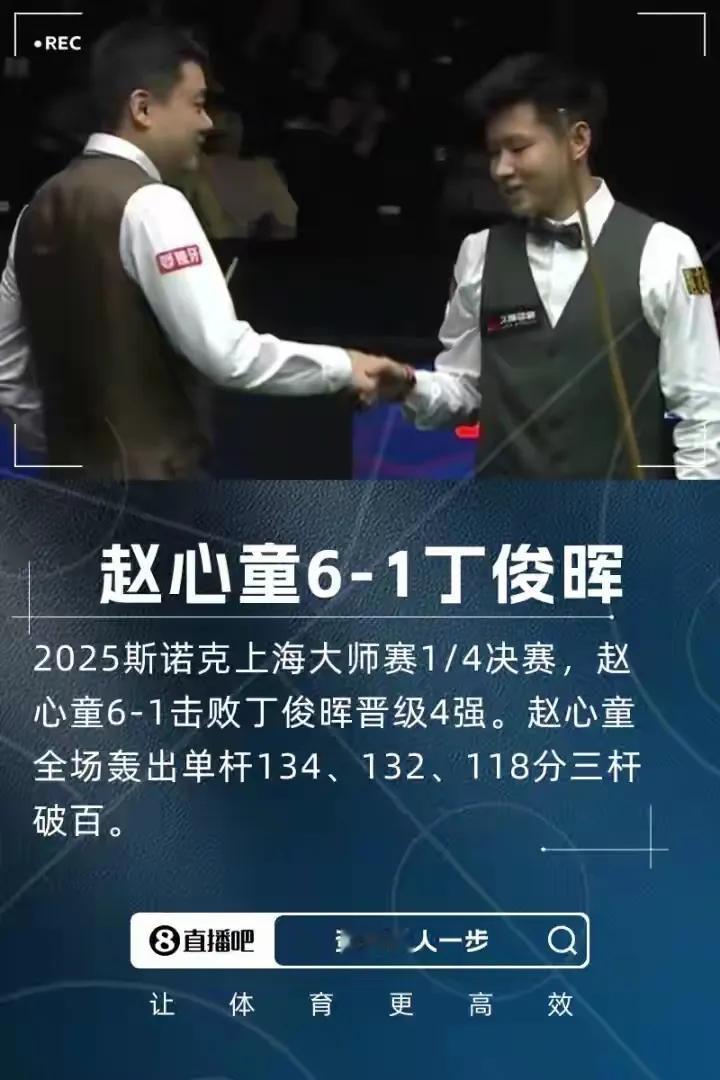 赵心童6-1战胜丁俊晖三次单杆破百！赵心童6-1战胜丁俊晖晋级上海大师赛4强
