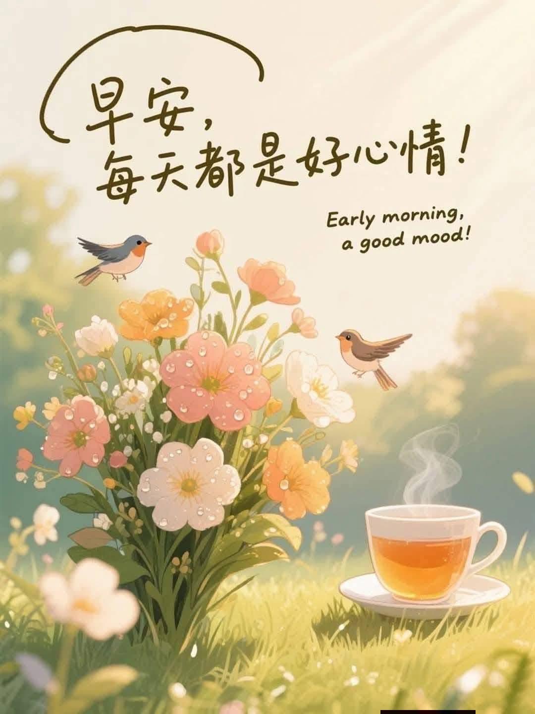 早安，每天都是好心情！🌸🐦🍵