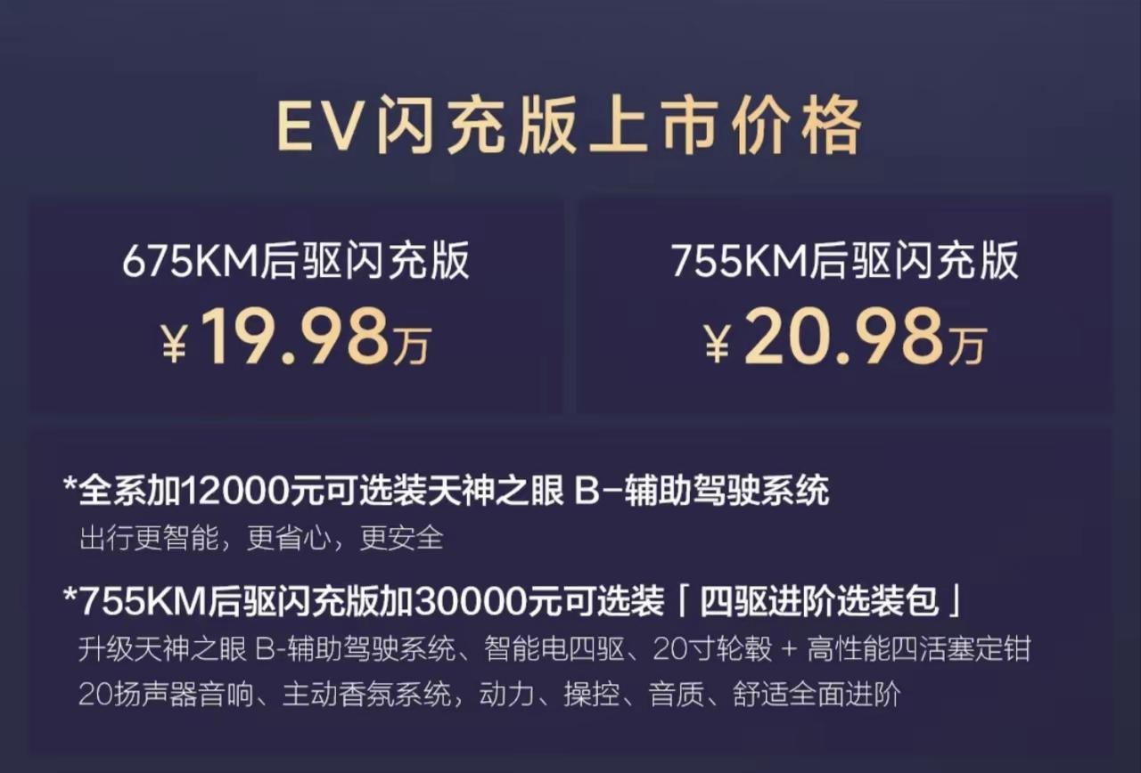 方程豹钛7EV，19.98万，这个价格已经很良心了。低配92.09度电池包