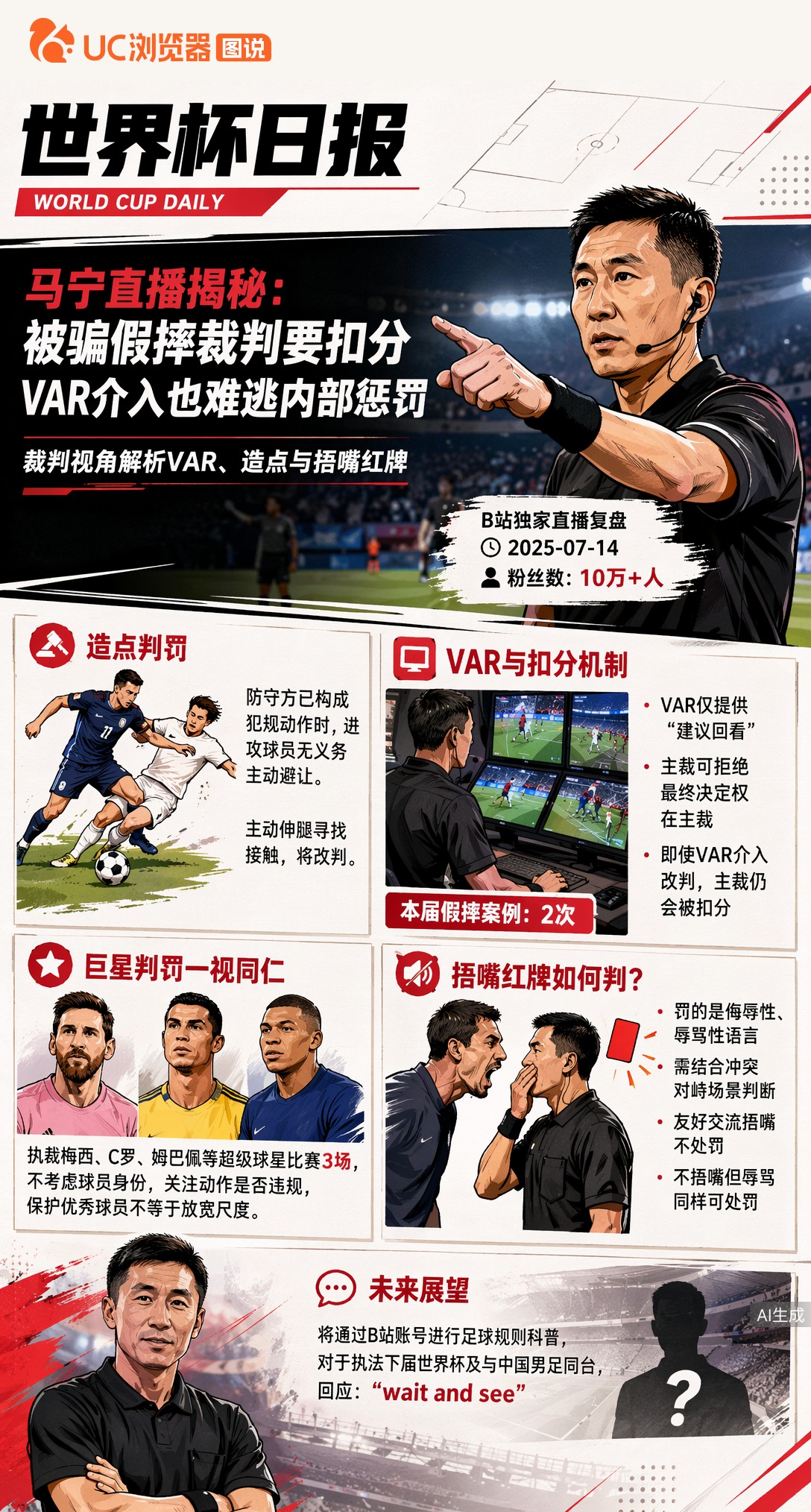 马宁直播揭秘：被骗假摔裁判要扣分，VAR介入也难逃内部惩罚