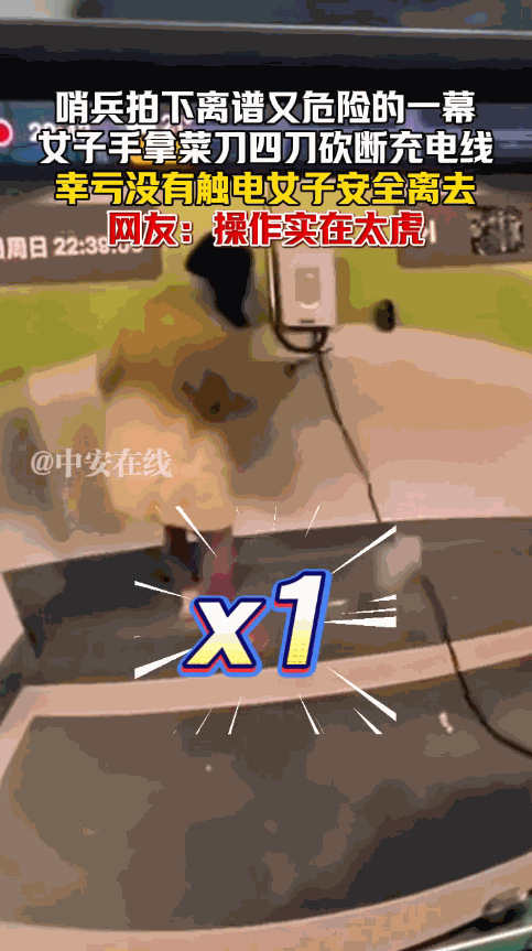 “命真大啊！”11月30日，浙江绍兴，一女子拿着菜刀，气势汹汹的走近汽车充电线，