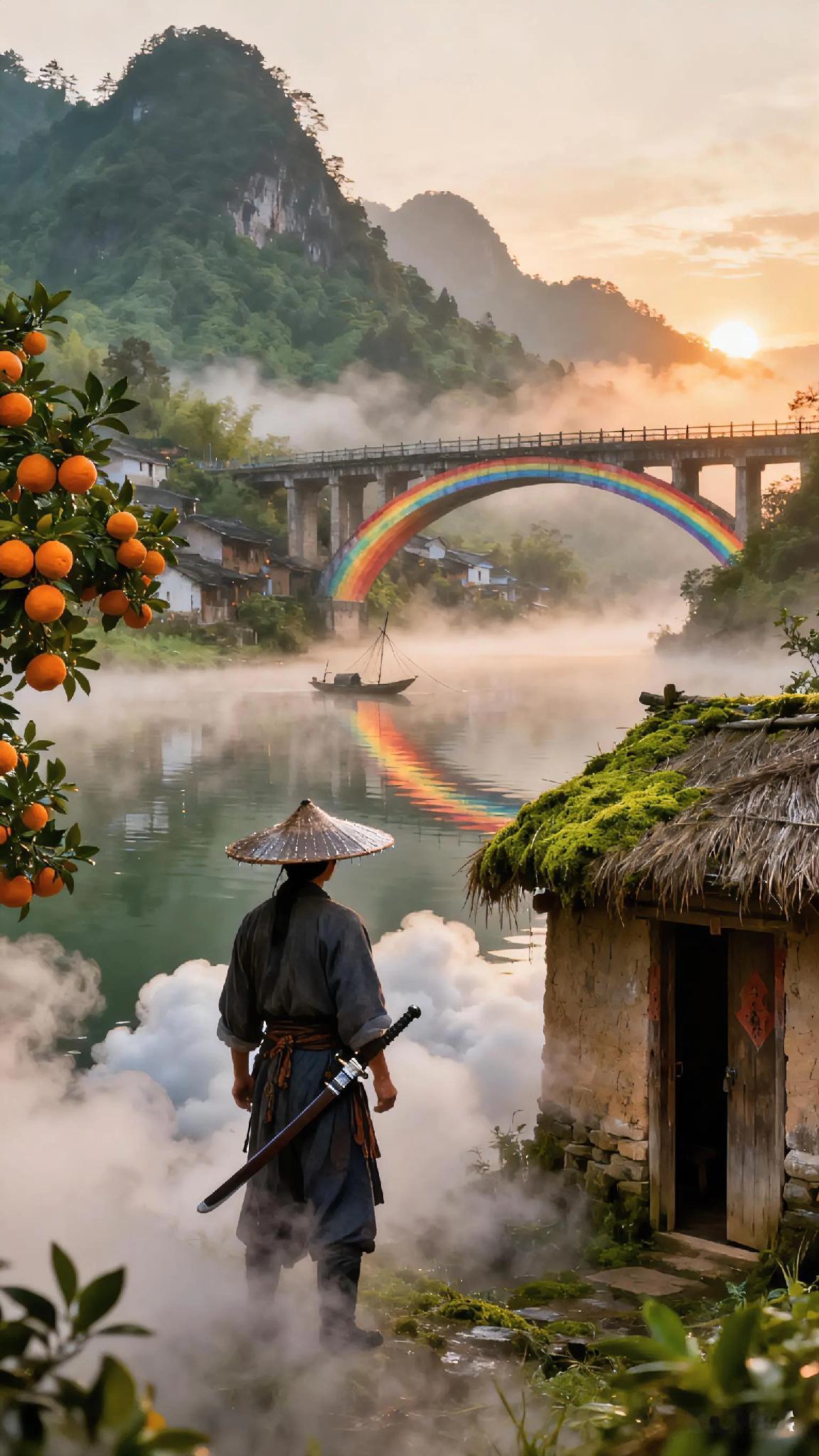 《洞仙歌》宋、林外。飞梁压水，虹影澄清晓。橘里渔村半烟草。今来古往，物