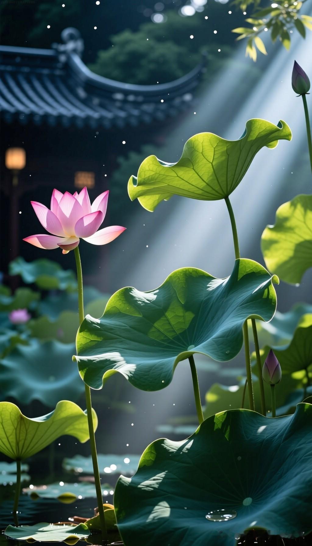 上联：静赏荷塘水中月下联：悠听莲叶夜微风横批：荷韵清歌