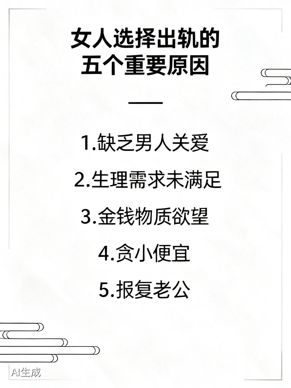 女人选择出轨五个重要原因！​第一个，老公常年在外地工作不在身边缺乏男人的关爱。