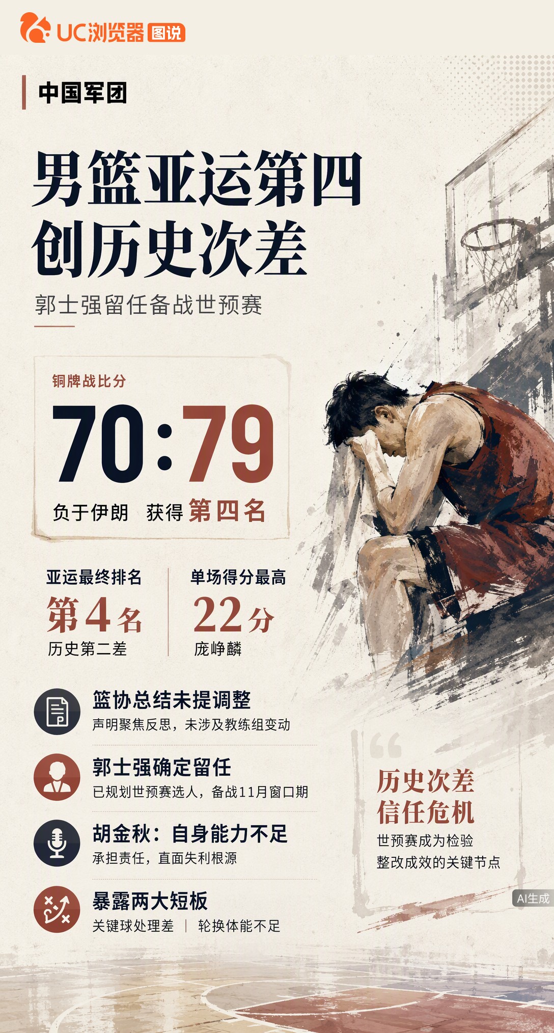 亚运第四创历史次差战绩，郭士强却已规划世预赛选人暗示留任。胡金秋坦言能力不足，关键球与体能短板待解，