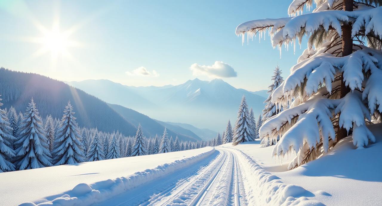 冬日生活打卡季在雪后初晴的清晨，天空澄澈如洗，阳光温柔地洒在洁白的雪地上，反射出