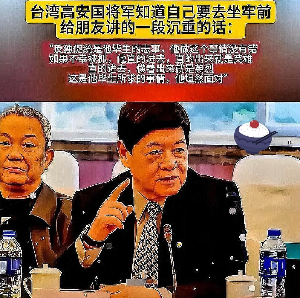 台湾高安国将军知道自己将要去坐牢,给朋友说了一段很沉重的话:“反独促统是他