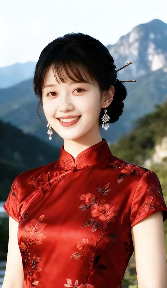 红衣少女，笑靥如花，山间美景，尽收眼底。