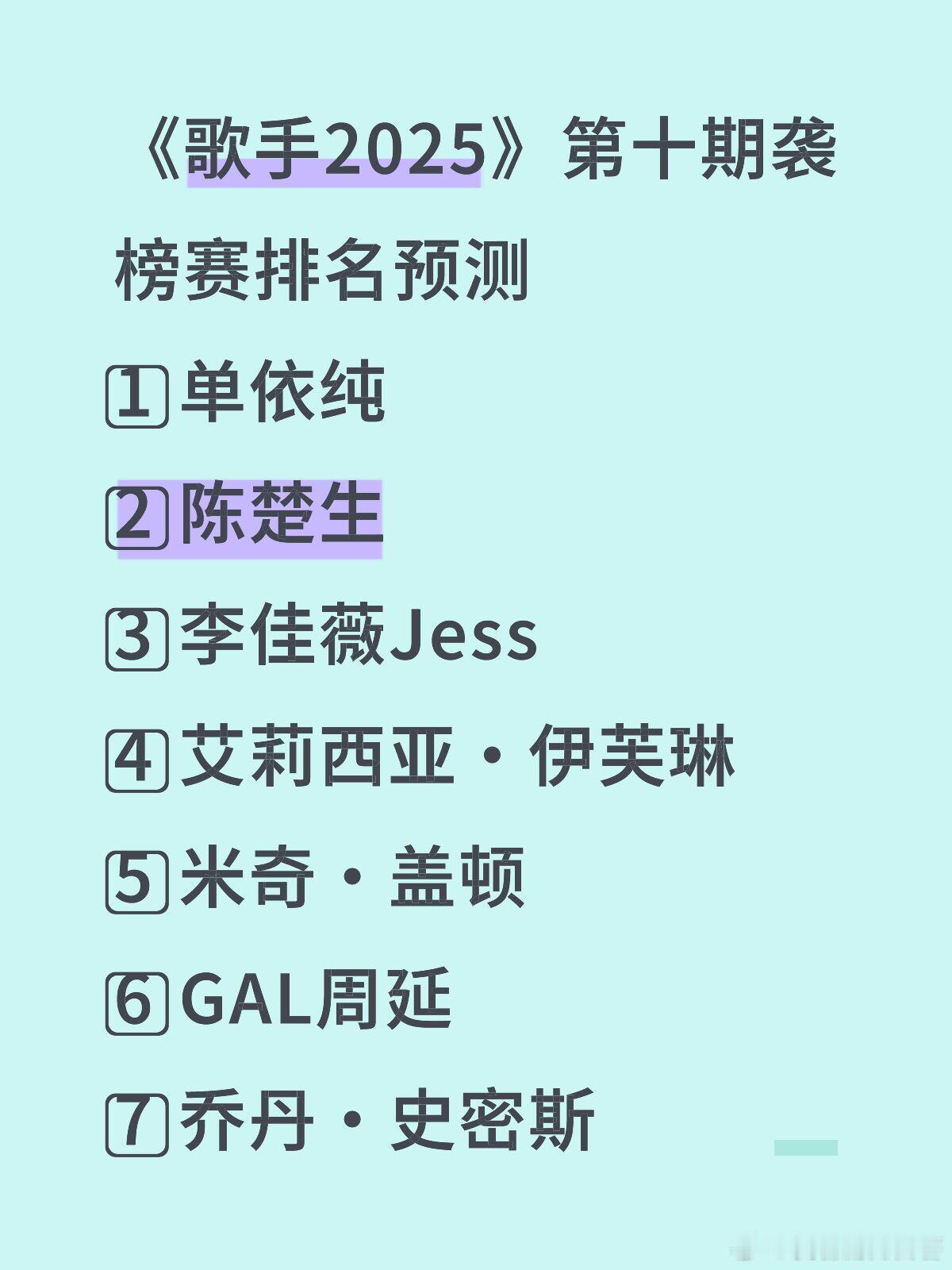 你喜欢的歌手会排第几呢🤩《歌手2025》第十期袭榜赛排名预测1️⃣单依纯2️⃣