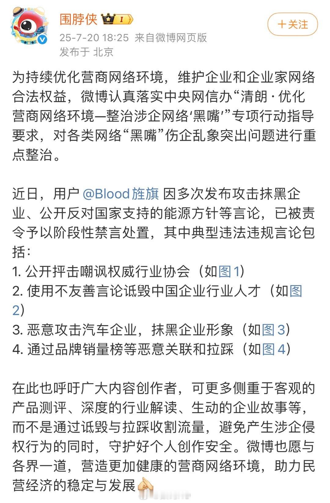 Blood旌旗被官方给阶段性禁言了，并列出了四点原因。​​​