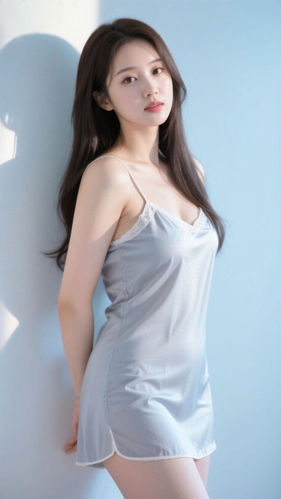 清浅入温柔浅蓝的墙面晕开柔缓的光，她倚墙而立，一袭浅灰真丝吊带睡裙，似将晨