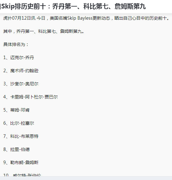 SkipBayless晒自己心目中的历史前十：乔丹第一、科比第七、詹姆斯第九（