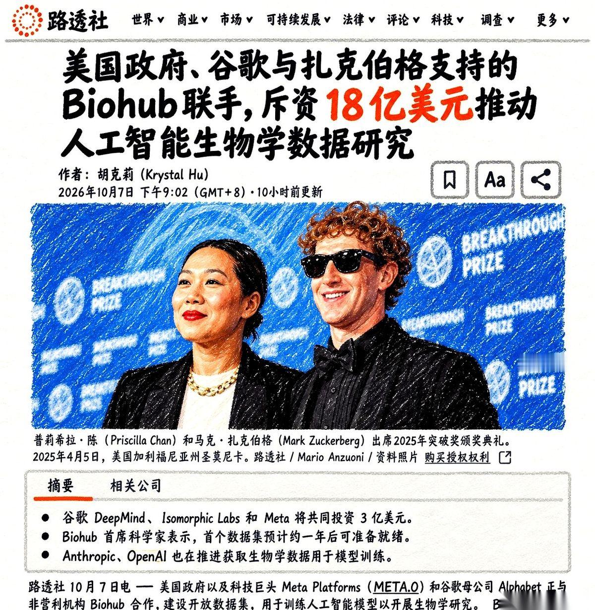 这几天，一则海外商业通告在科技圈里传开了，脸书创始人扎克伯格夫妇名下的生物医学机构，竟然和谷歌旗下的