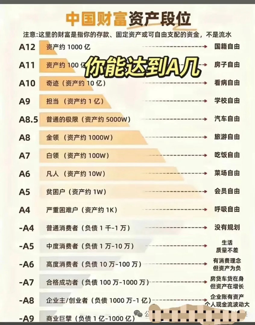 全国财富资产段位表出来了。家庭财富资产存在着较大差距。A9以上都是亿元以上的富豪