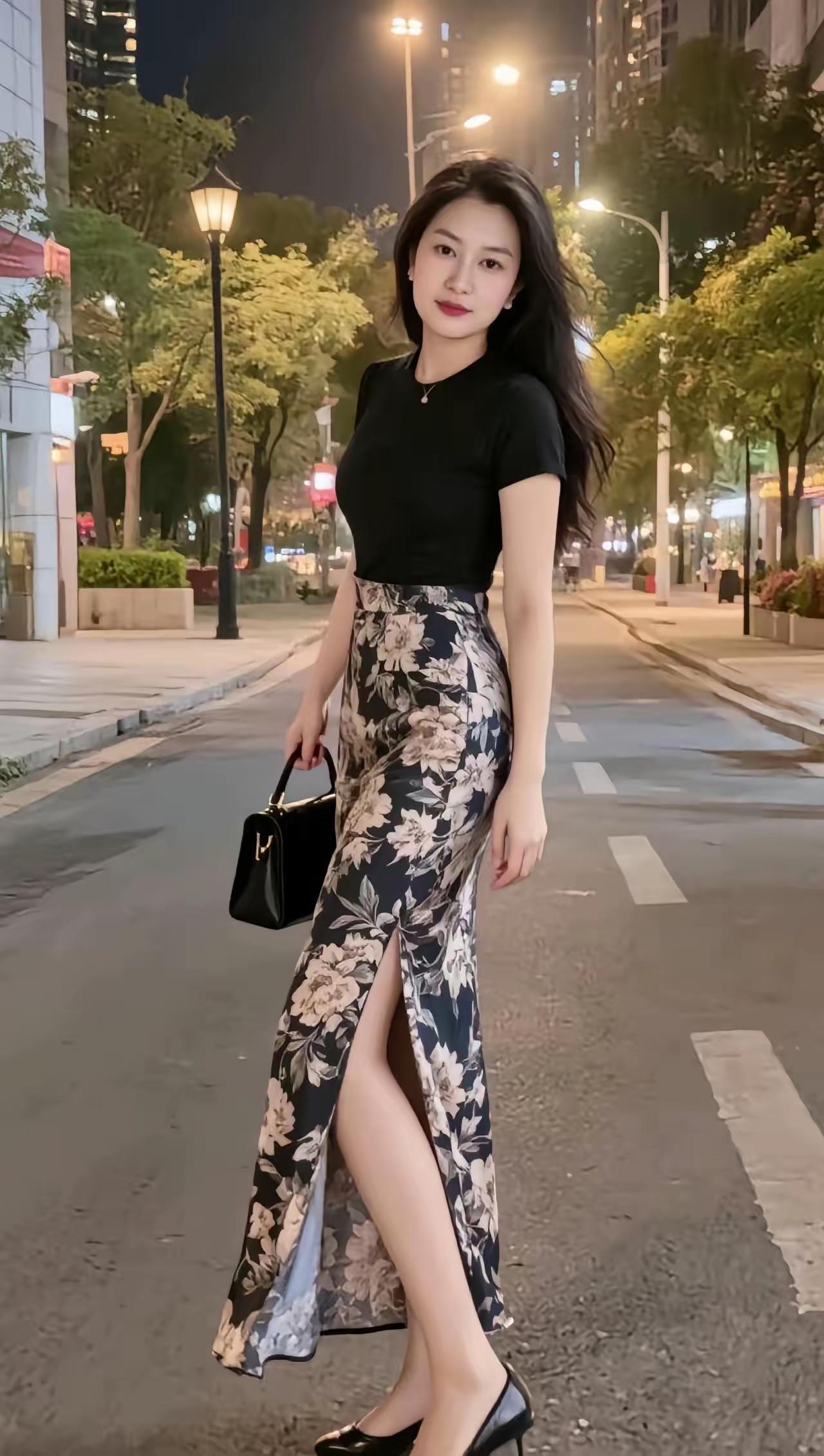 都市夜色下的优雅穿搭，黑色上衣搭配花卉长裙，尽显时尚与魅力。