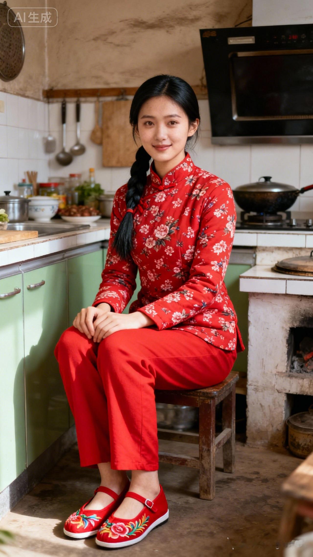 复古厨房里的红衣少女，散发着温暖与怀旧的气息。