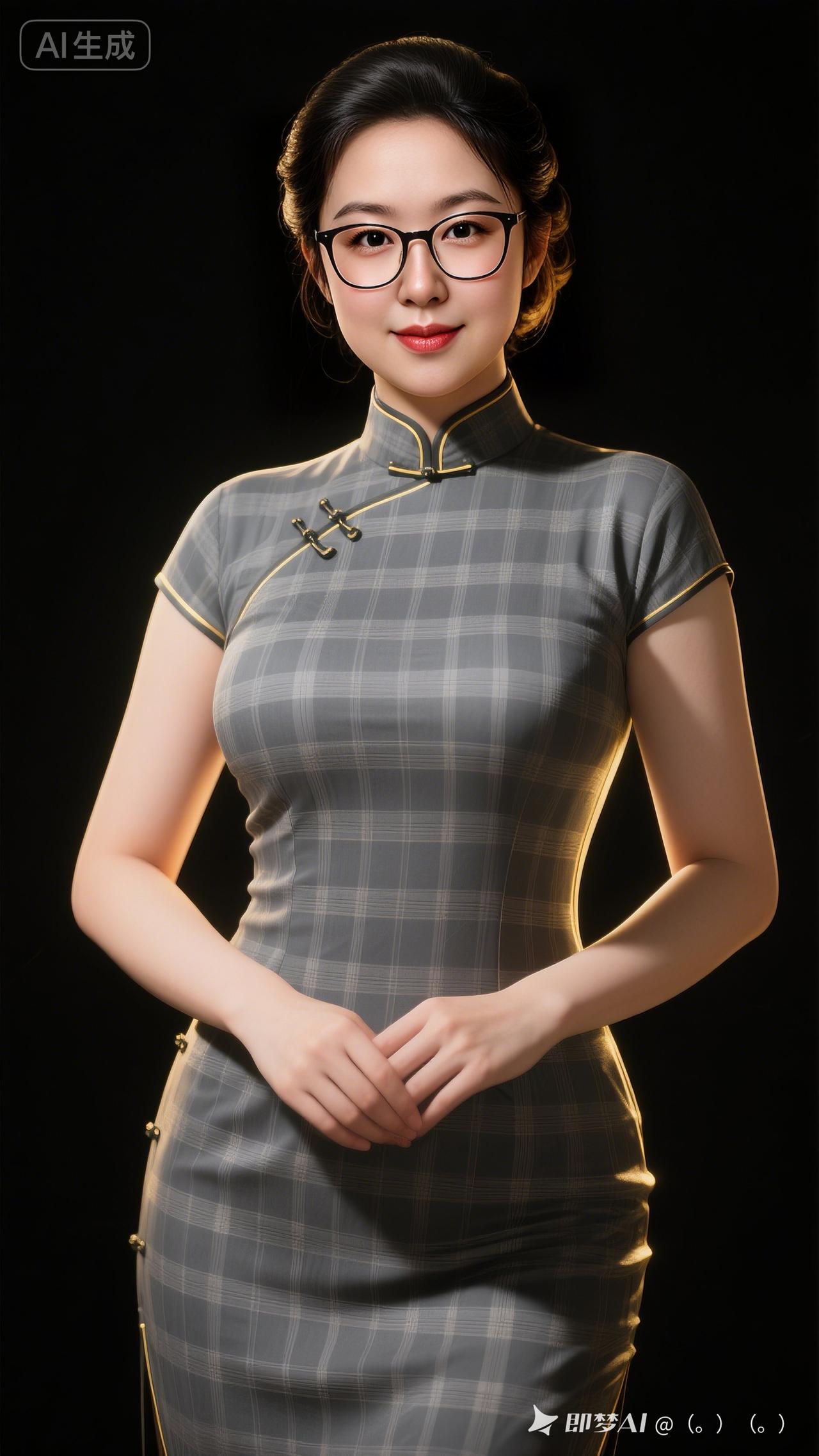 优雅气质，复古旗袍，时尚眼镜，自信微笑。