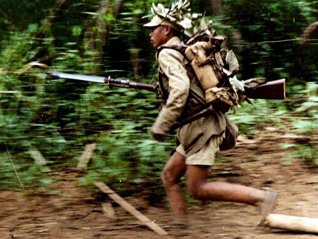 1942年，一名中国远征军士兵在缅甸丛林中奔袭的场景。士兵头上插着伪装，背着