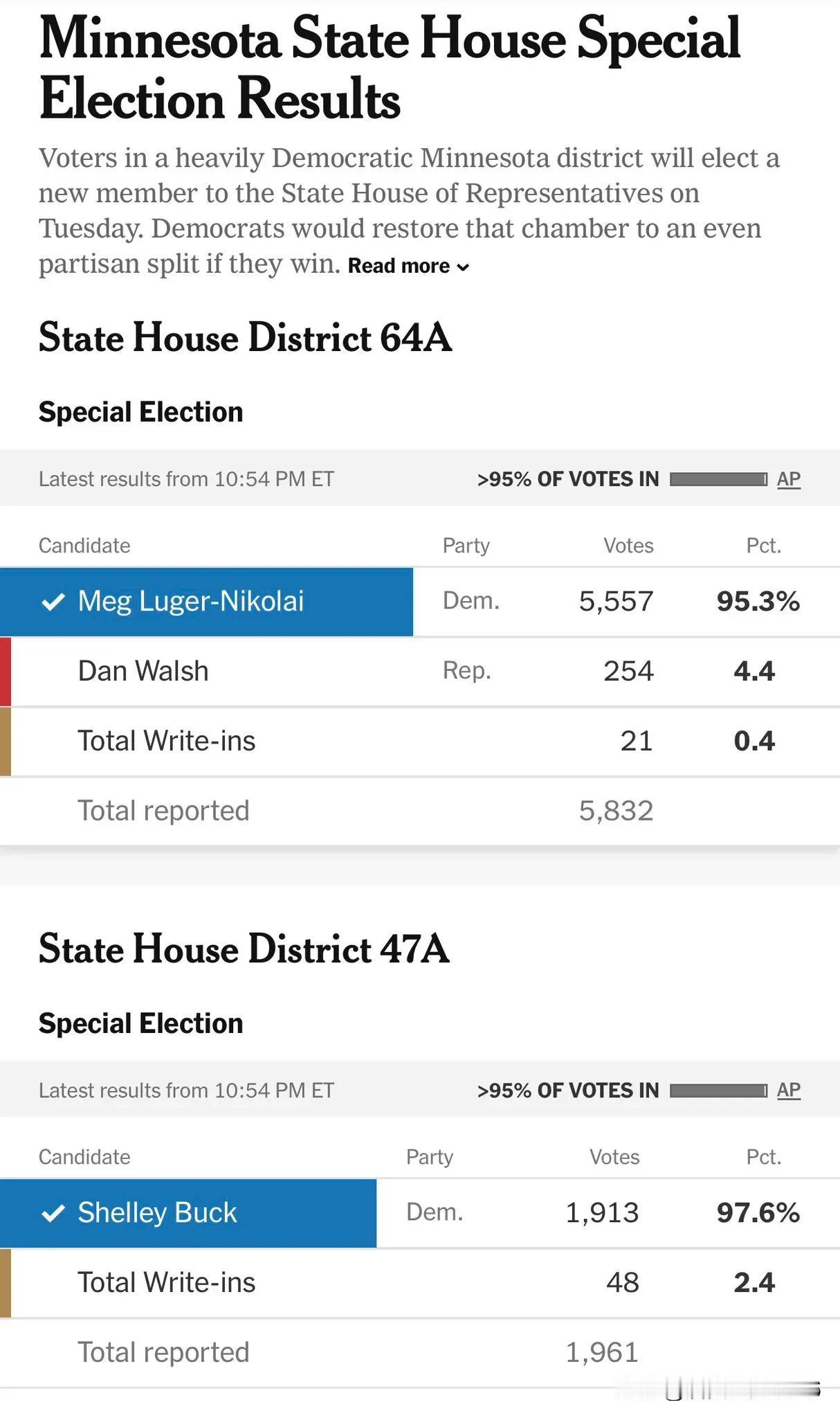明尼苏达州众议院第64A选区特殊选举结果，民主党候选人获得95.3%选票，创了纪