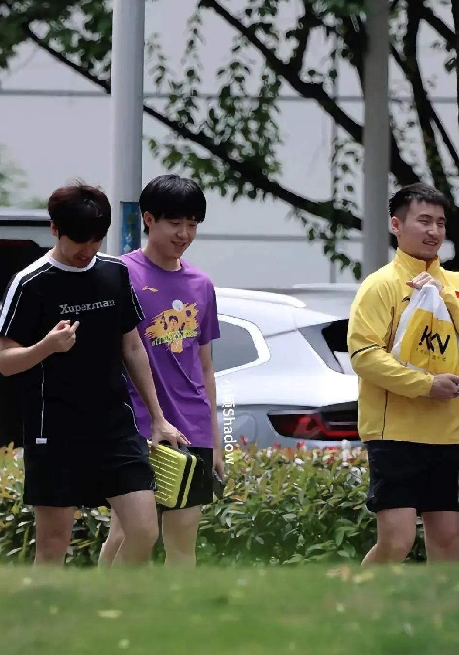 三位男乒球员同框：我一眼就认出了穿着紫色T恤、拿着手机、乌发覆额、垂眸微笑的