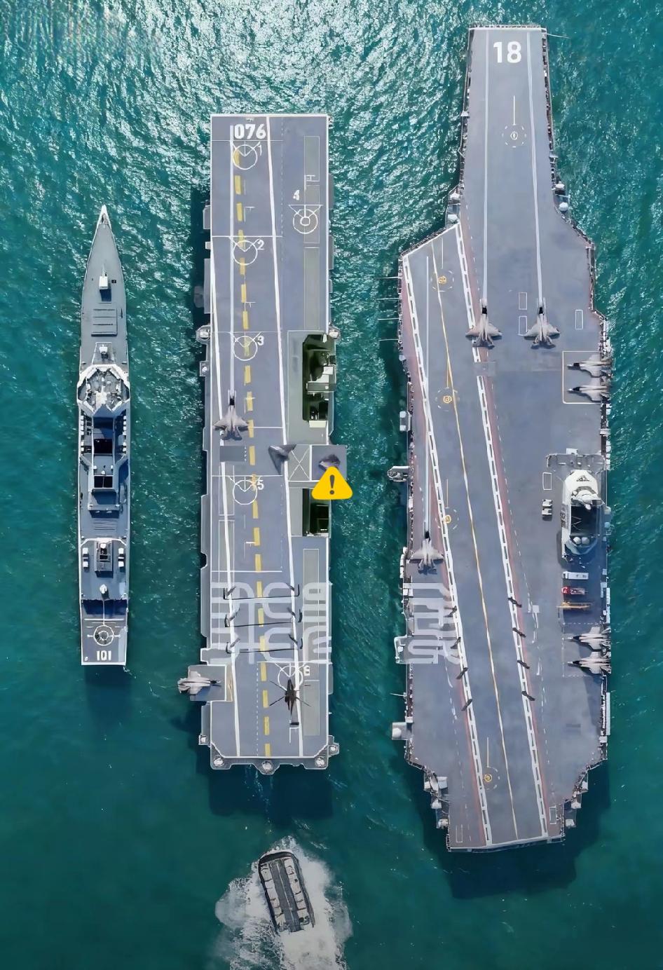 以前总觉得055万吨大驱够霸气了，可跟福建舰、四川舰同框一对比，瞬间显得“娇小”