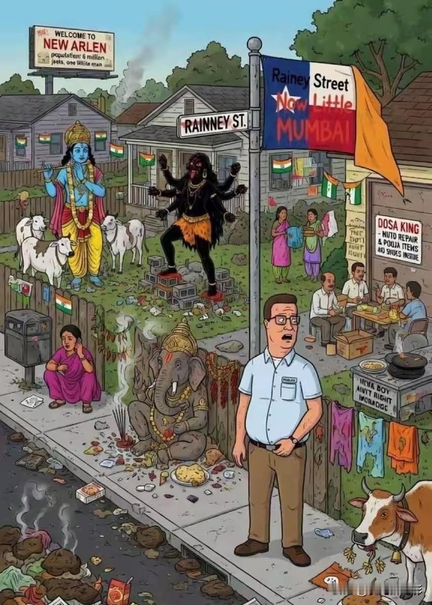 这是美国人自己在网络上画了一幅漫画，嘲讽的就是大量印度人涌入之后的德克萨斯美