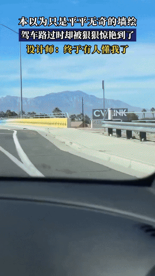 太有创意了！一司机开车路过一座桥时，看见桥的墙上有五颜六色的墙绘，本以为只是平平